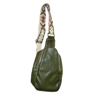 Olive Green Faux Leather Sling Bag with Embroidered Geometric Guitar Strap